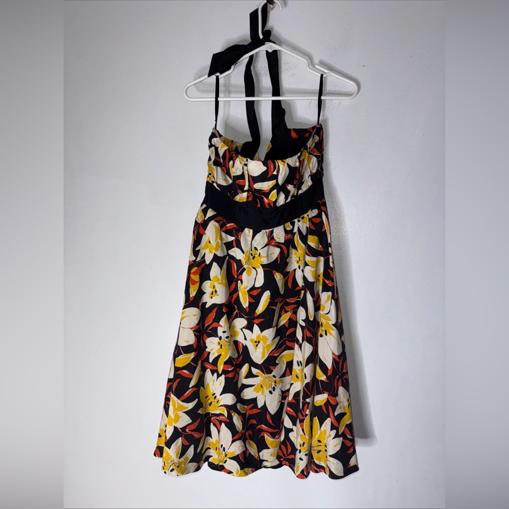 Moulinette Soeurs* Black & Yellow Small Silk Floral Print Halter Neck A-Line 8 - Picture 3 of 8